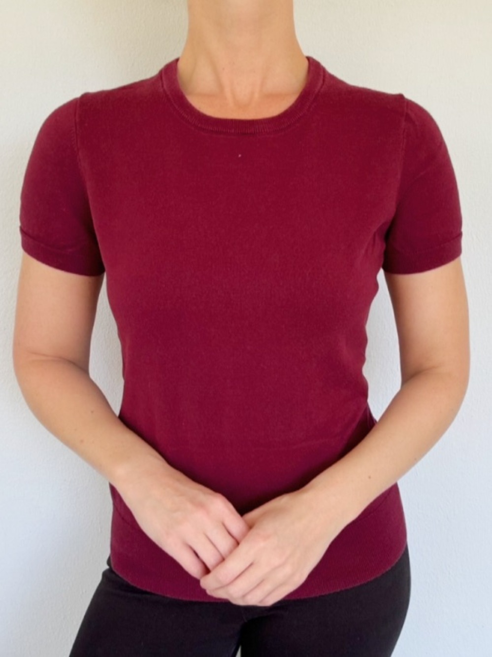 Lands’ End maroon wool blend short sleeve crewneck sweater top size medium